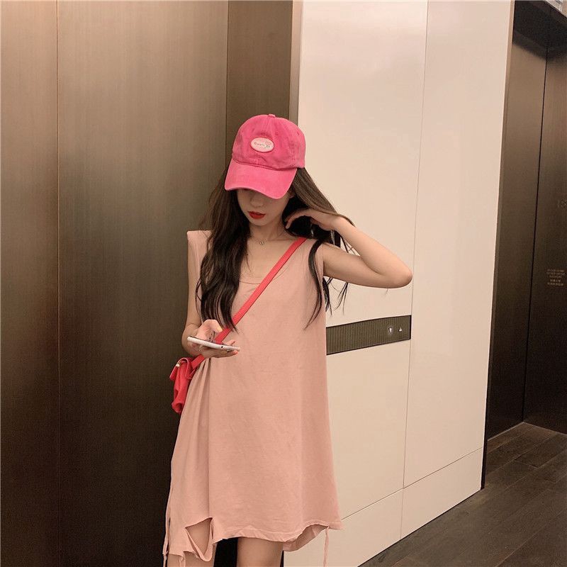 VVvn Áo Thun Sát Nách Dáng dàiform Rộng Thiếtkếxẻrách Phong Cá ch Hàn Quốc