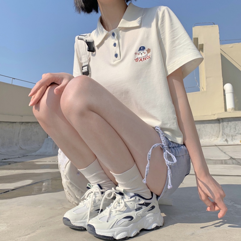 Áo polo PEWARN tay ngắn dáng rộng phong cách Hàn Quốc thời trang mùa hè dành cho nữ