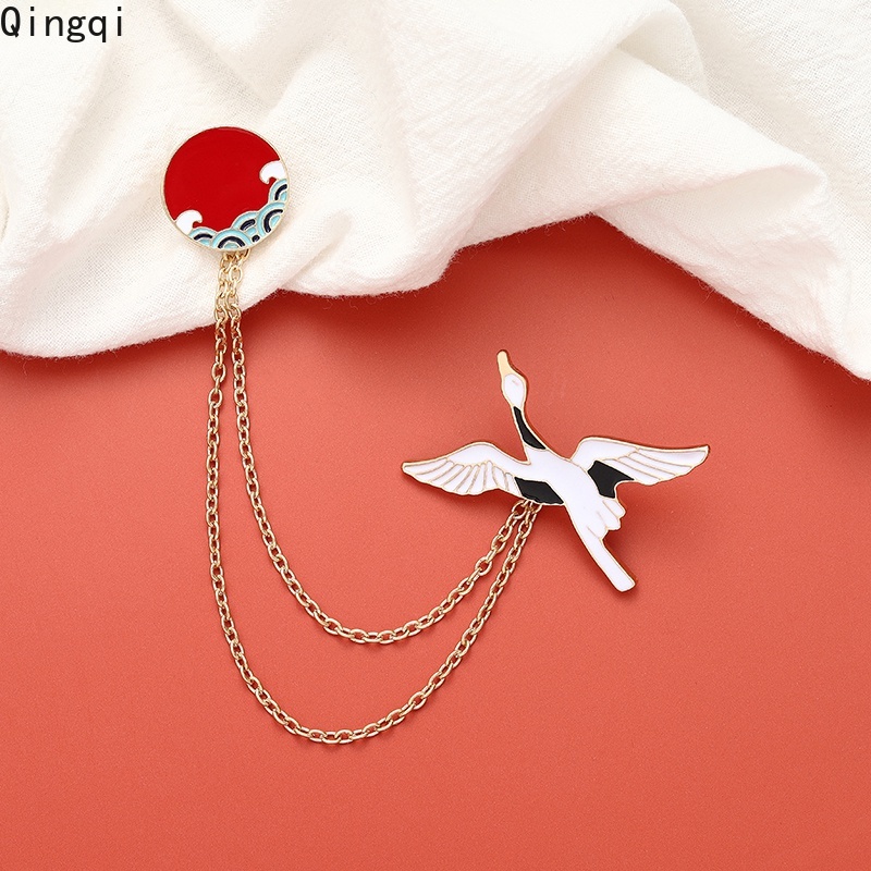 Ghim cài áo Miss Zoe dây xích gắn hình chim hạc + sóng biển kiểu Nhật Bản sáng tạo thích hợp làm quà tặng cho bạn bè