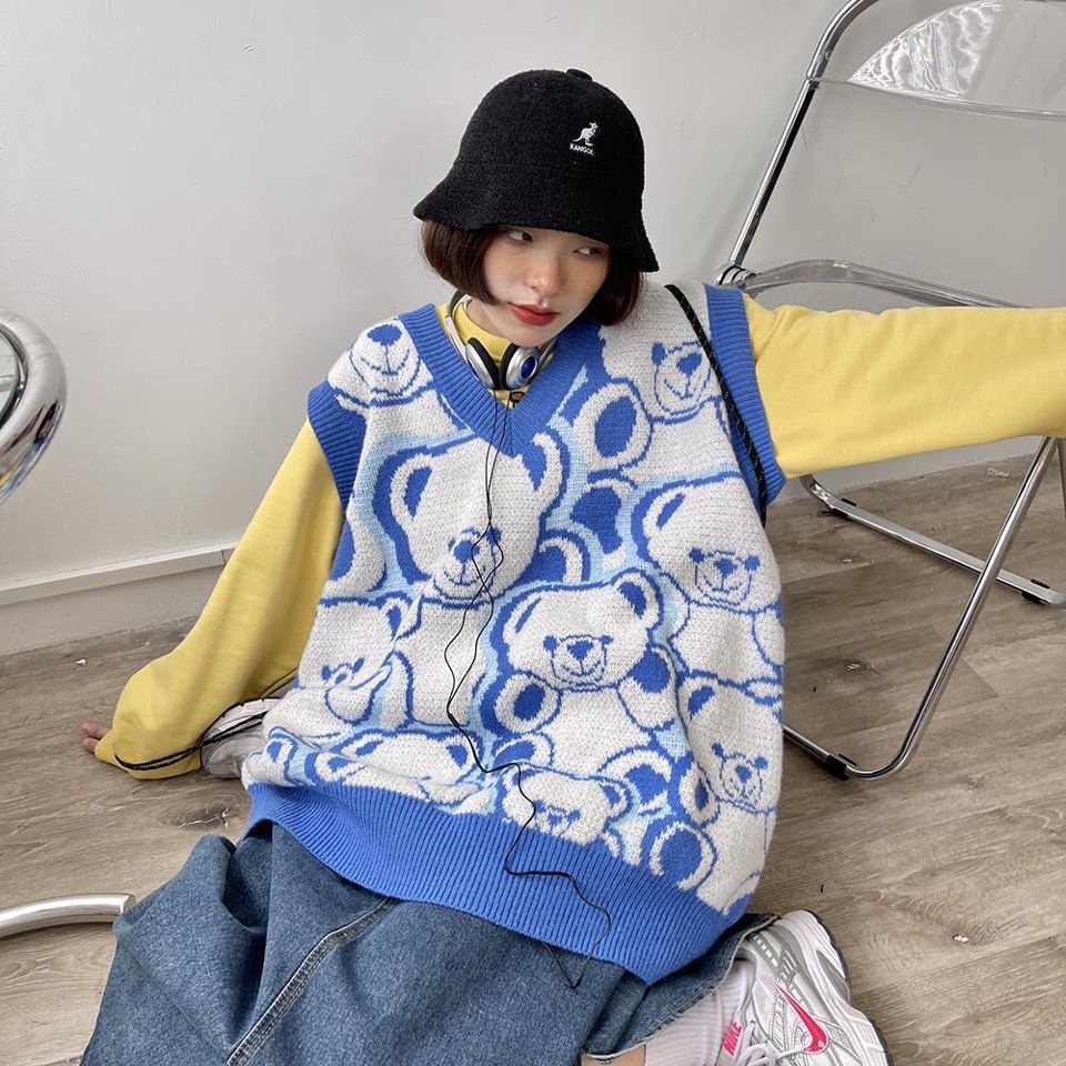 Áo dệt kim sát nách dáng rộng in hình gấu kiểu Hàn Quốc xinh xắn cho nữ