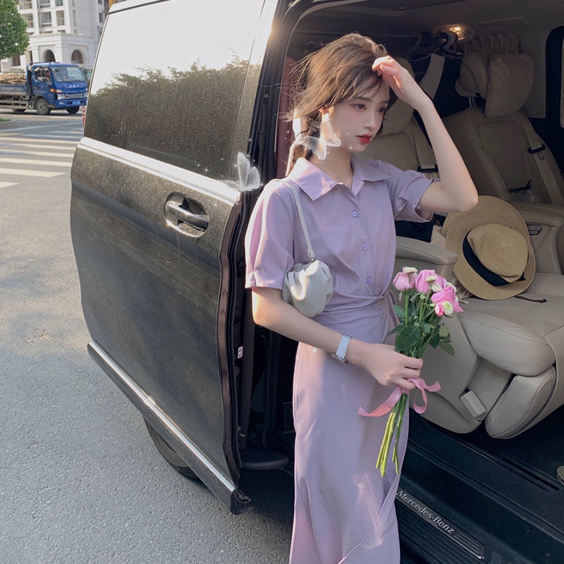 Đầm Váy nữ mùa hè tay ngắn màu tím Váy lễ phục Thanh lịch Size S-3Xl