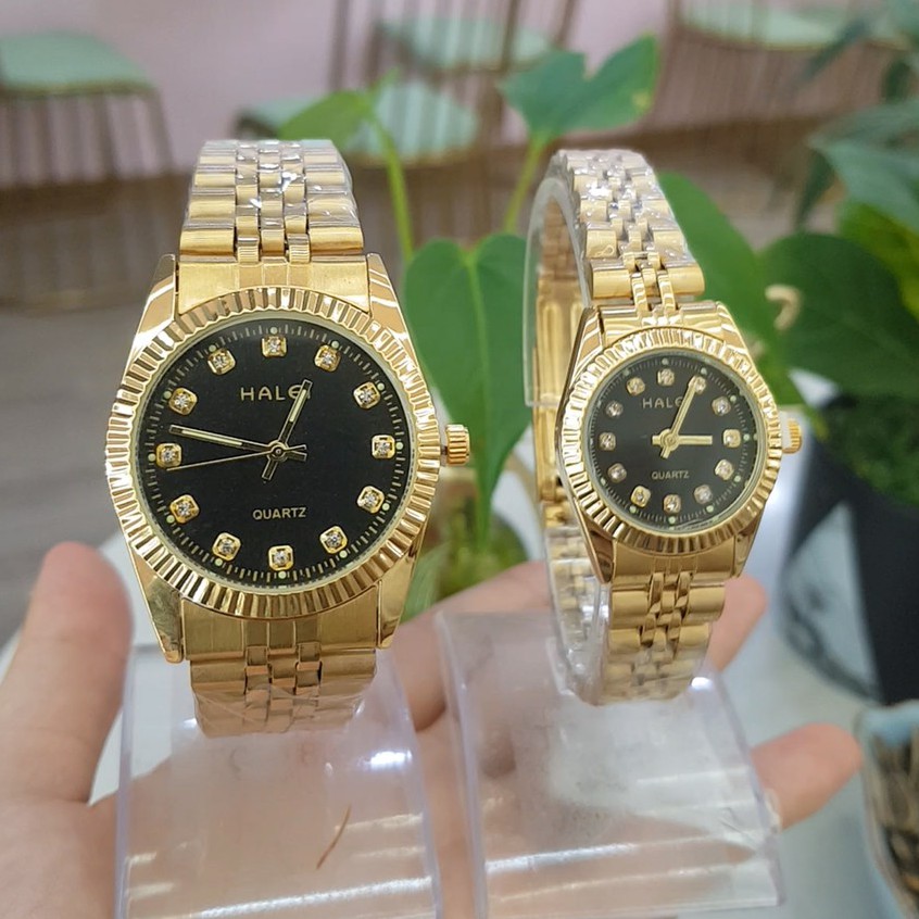 Đồng hồ cặp đôi nam nữ Halei dây thép vàng mặt đen số ngọc chính hãng chống nước 3atm Tony Watch 68