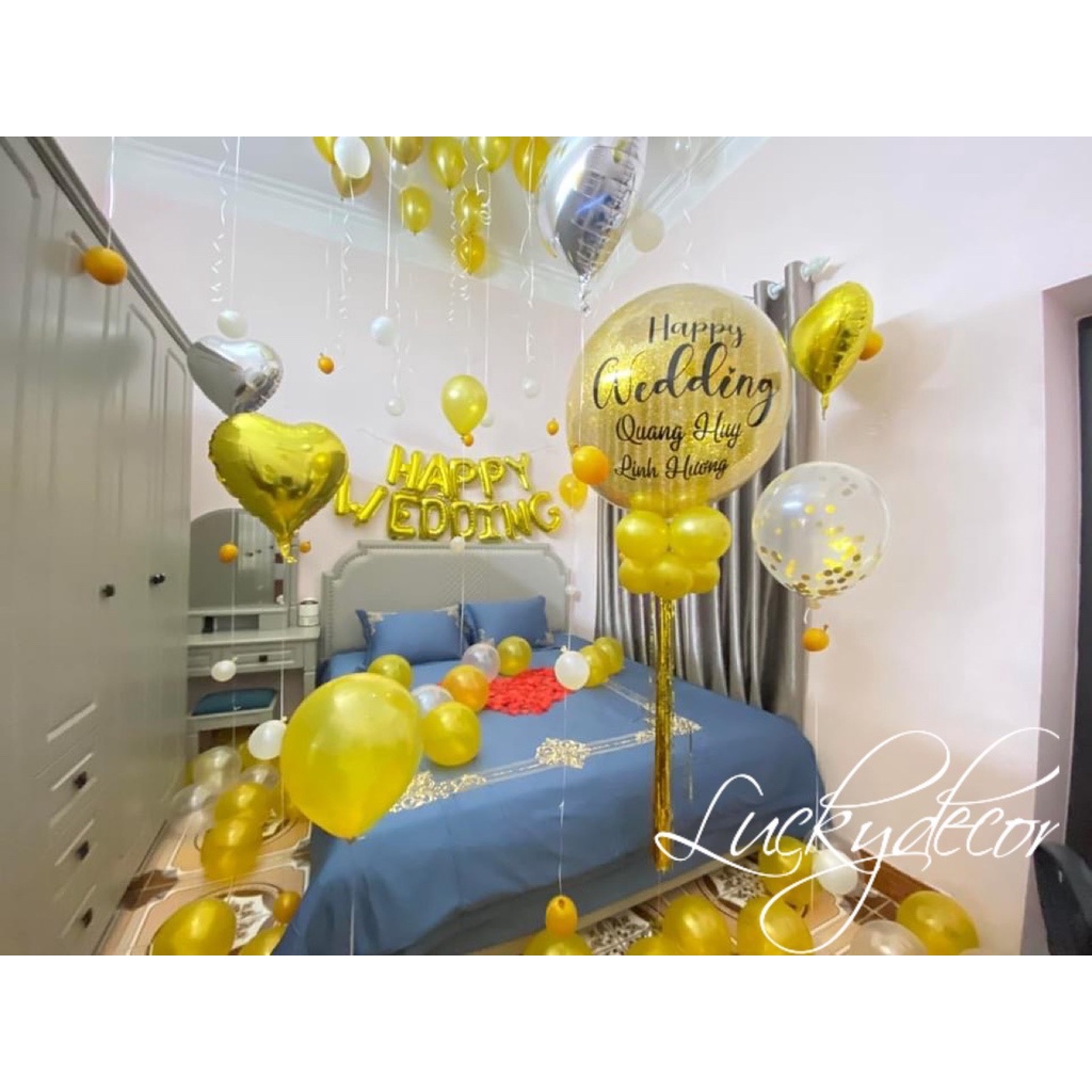 Bộ bóng bay trang trí phòng cưới, tân hôn màu vàng + Tặng bóng to in tên cô dâu chú rể size 90cm TH01