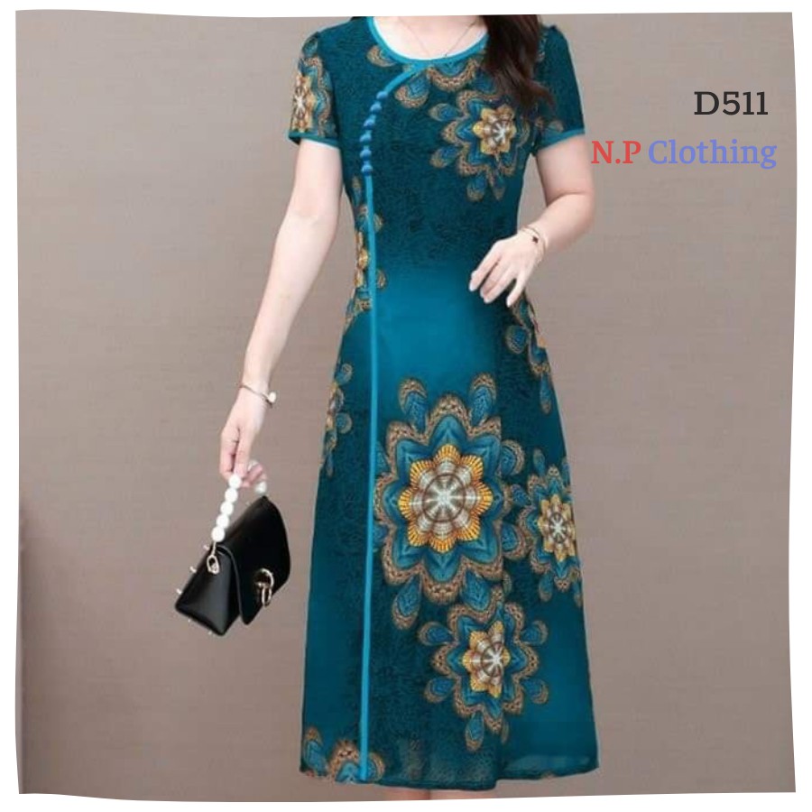 Váy Trung Niên MAI THY 511, Mẫu Đầm Cho Mẹ Trung Niên Giấu Bụng Bigsize Cổ Tàu In Hoa | Thời Trang Trung Niên Nữ U40