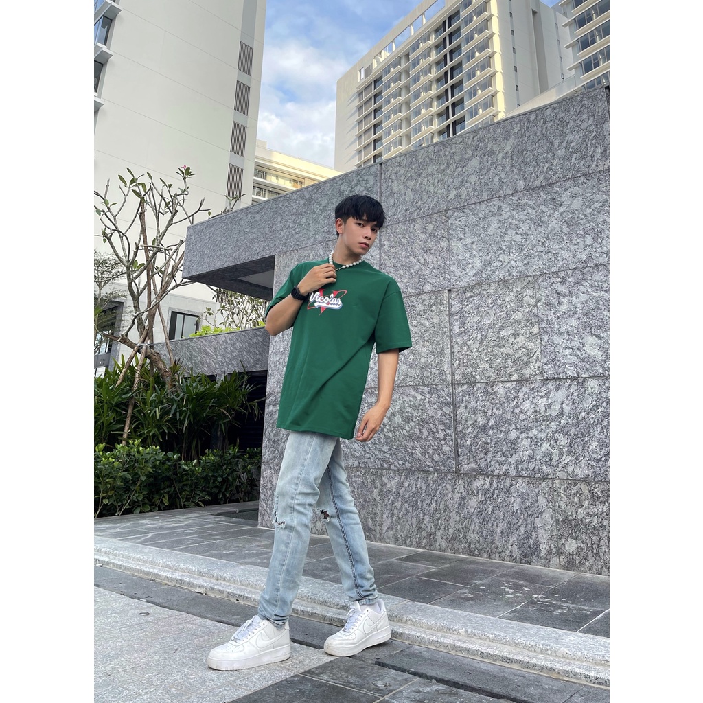 Áo thun unisex vải Cotton co giãn 4 chiều trắng xanh "VICOLAS HOUSE" V VICOLAS