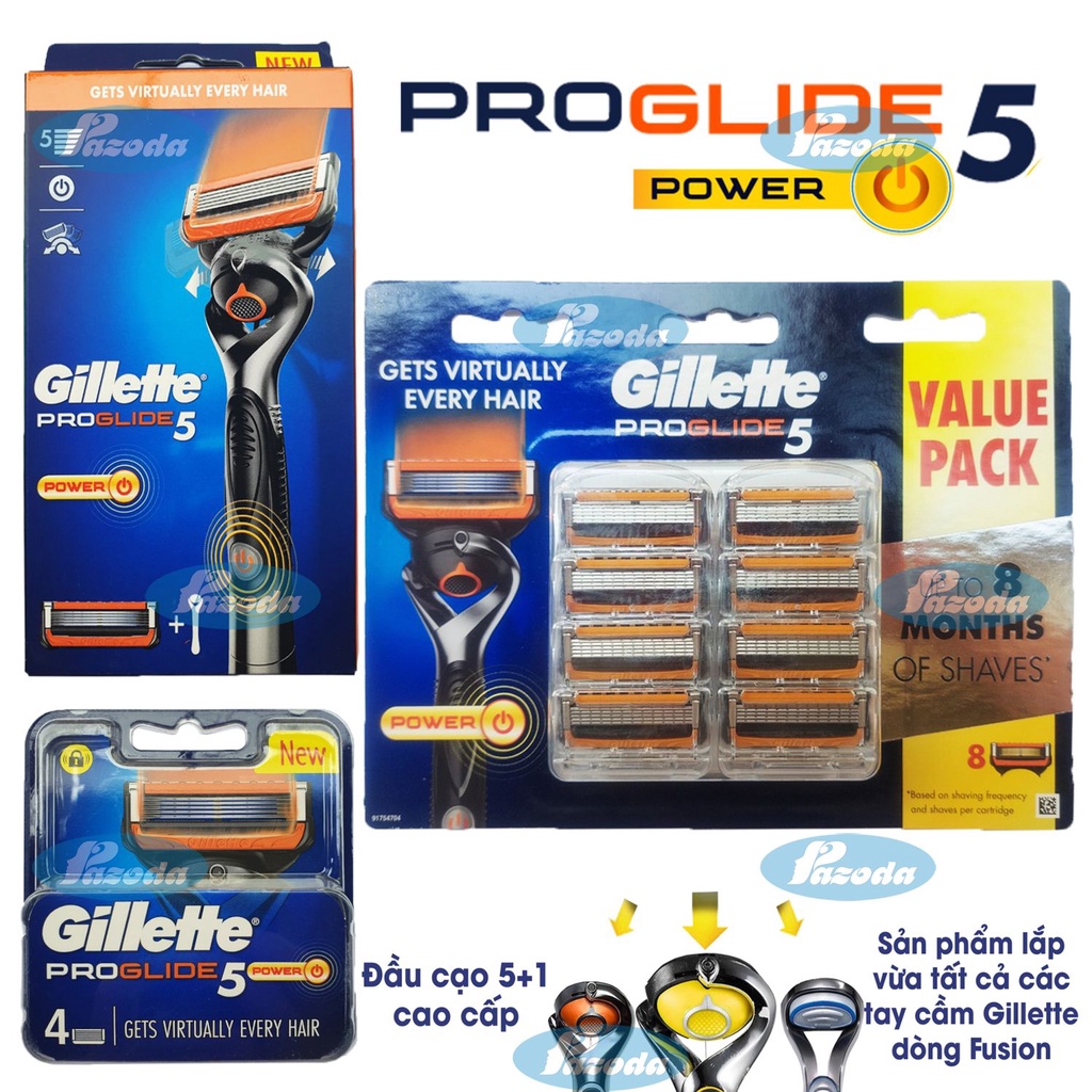 Dao cạo râu 5 lưỡi Gillette Proglide5 Power và hộp lưỡi thay thế (tay cầm xoay chiều sử dụng pin và đầu cạo 5+1)