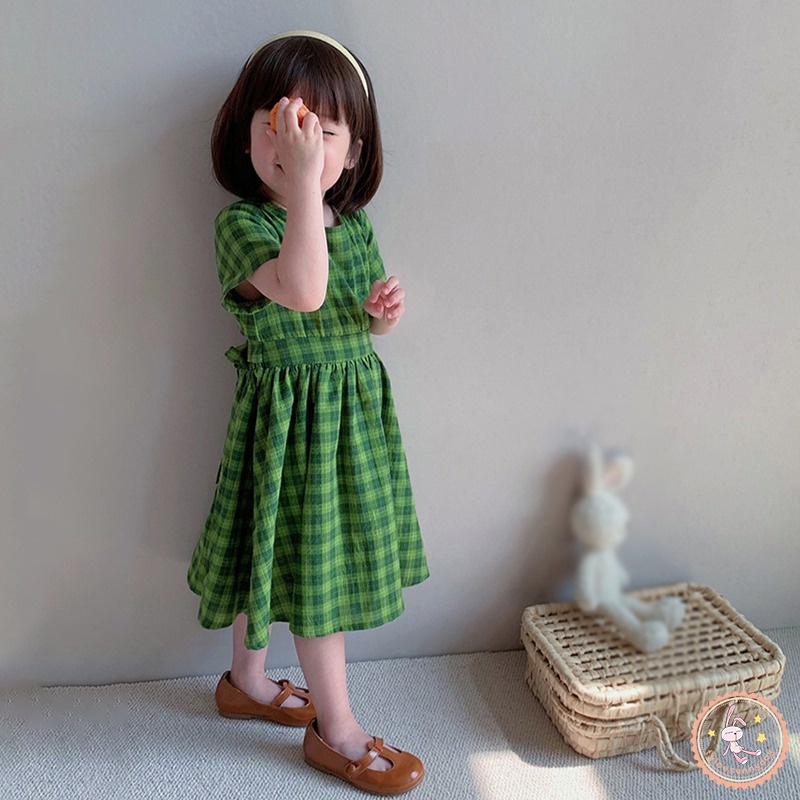 Đầm Công Chúa Mùa Hè Dáng Chữ A Tay Ngắn Họa Tiết Kẻ Sọc Caro Ngọt Ngào Phong Cách Hàn Quốc Cho Bé Gái