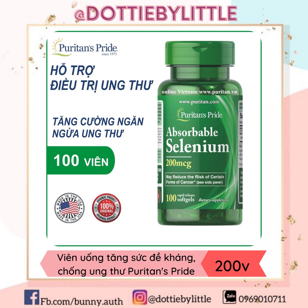 [BILL US] Viên uống tăng cường sức đề kháng Absorbable Selenium Puritan's Pride 100v