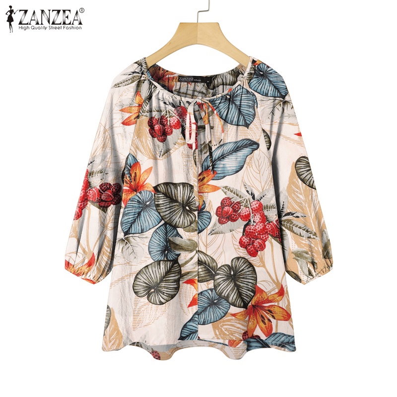 ZANZEA Áo Kiểu Cổ Tròn Tay 3/4 In Họa Tiết Chiếc Lá Thời Trang Cho Nữ