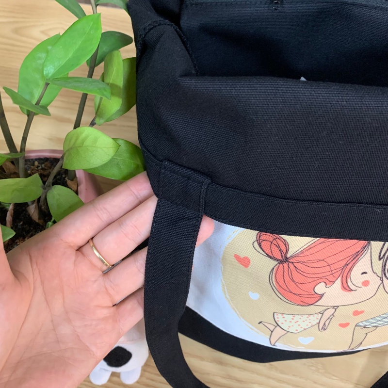 Túi đeo chéo canvas, túi tote đeo chéo nữ vải canvas màu đen in hình túi phụ ngoài TUCANVAS TCV13 | BigBuy360 - bigbuy360.vn