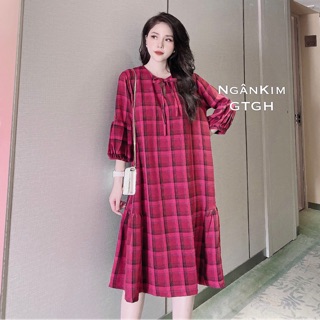 Đầm xòe nữ rộng kẻ caro tay phồng bigsize