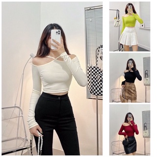 Áo kiểu trễ vai nữ croptop tay dài basic