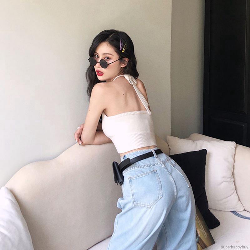Women Sexy Tank Tops Hanging Halter Short  Korean Fashion Solid Color Camisole Tops