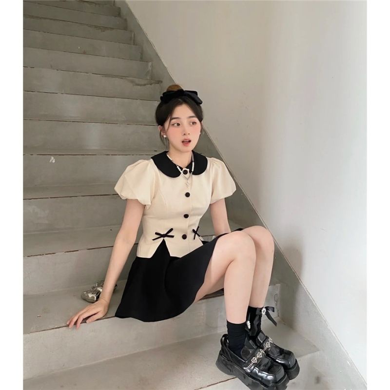 Set Áo Cổ Búp Bê Thắt Nơ Phối Chân Váy Lưng Cao Thời Trang Xinh Xắn Cho Nữ  tao bao