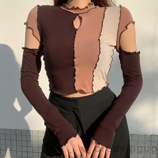 Áo thun lửng tay dài phối màu tương phản thời trang nữ sành điệu