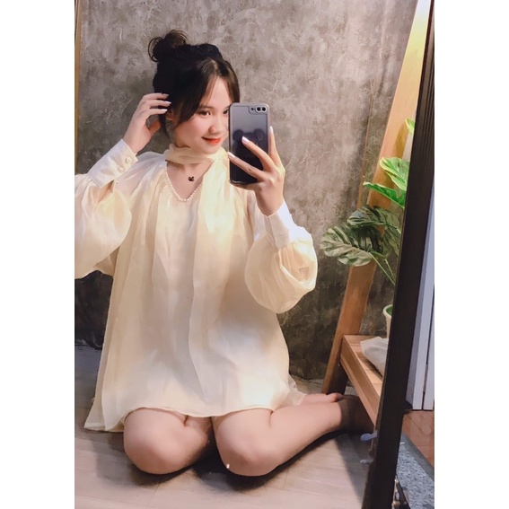 Áo sơ mi tơ óng cổ ngọc choker x100