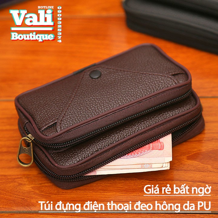 Túi đựng điện thoại da PU đeo ngang hông kiểu ngang T4 có 3 ngăn - Túi đeo thắt lưng giả da PU kiểu ngang - nâu, đen