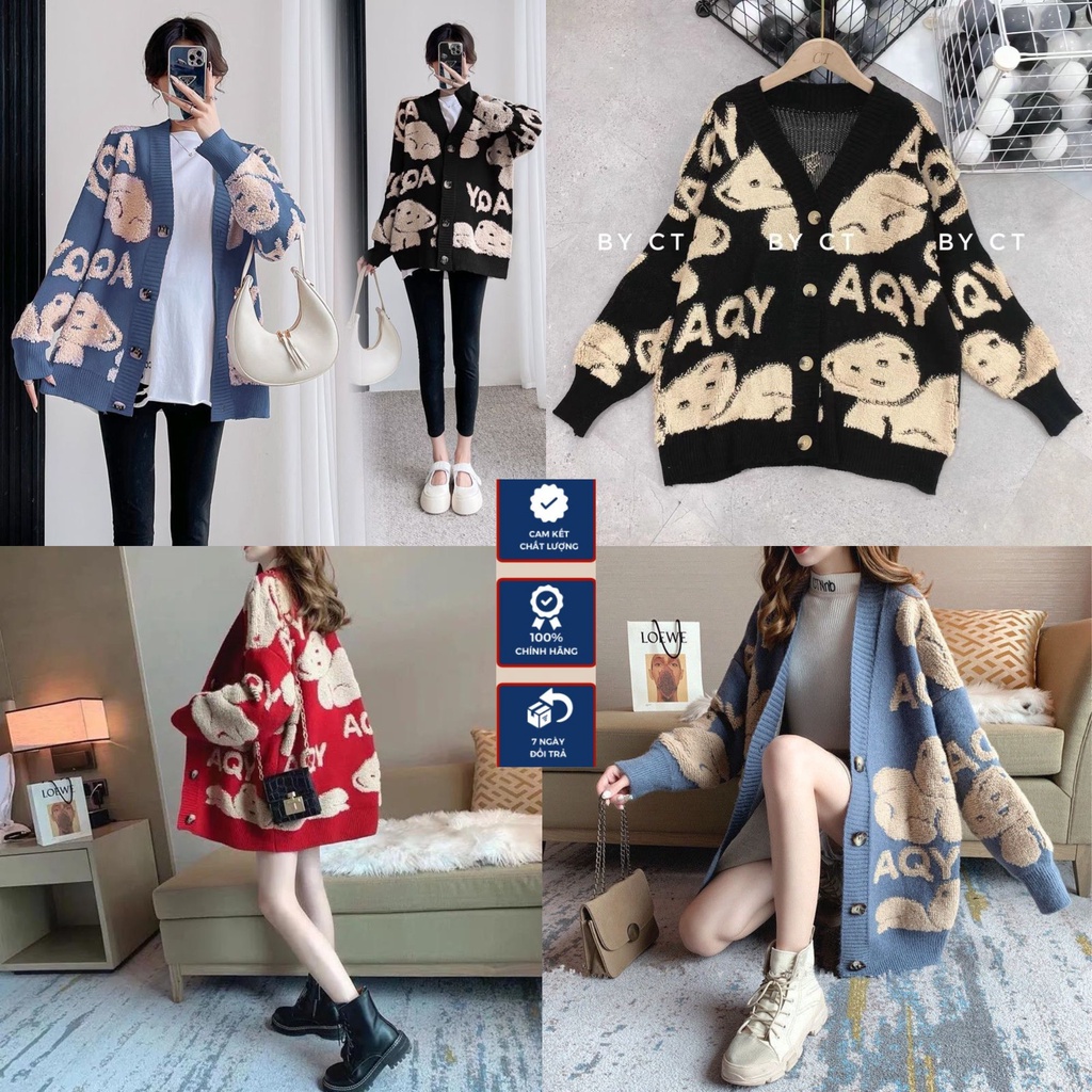 Áo Khoác Dáng Dài From Rộng Hàng Bigsize, Áo Len Cadigan Họa Tiết Cute Đáng Yêu Full Gấu Phong Cách Hàn Quốc Ak2692