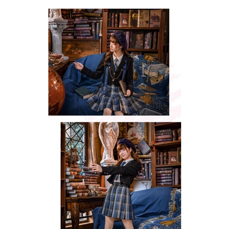 YAS0783-Áo vest phối chain + chân váy kẻ caro Jk