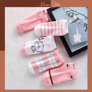 Set 5 đôi tất nữ cổ ngắn tone hồng họa tiết mèo cute
