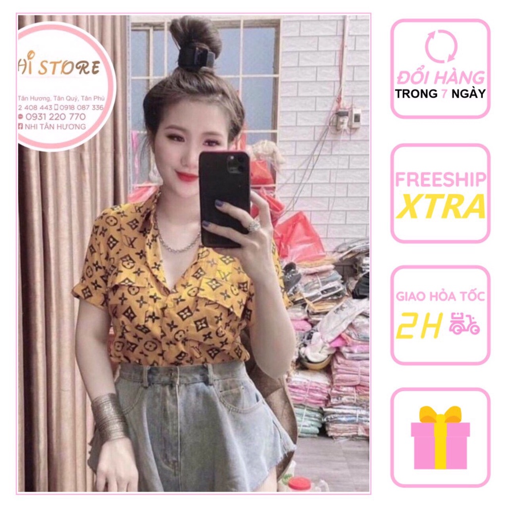 [Freeship 50k] Áo Kiểu Sơ Mi Nữ NHISTORE Cổ Bẻ Chất Tơ Tằm Sọc Tay Ngắn Form Rộng Họa Tiết Thời Thượng Dưới 57KG