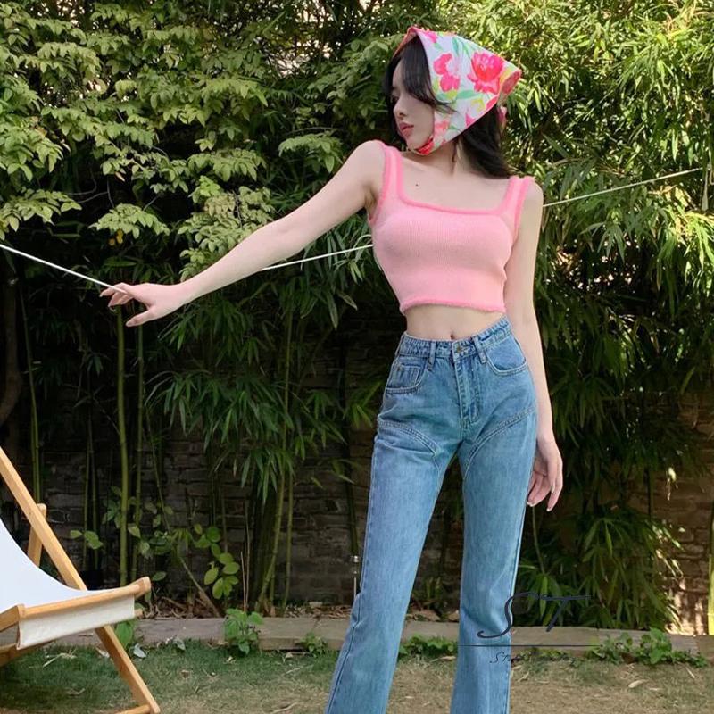 NFW-Women Summer Crop Tops, Plush Hem Decor Ribbed Bottoming Sleeveless Elastic U-neck Camisole