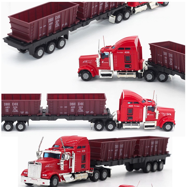 Xe container có thùng kéo đôi đầu kéo bằng kim loại đồ chơi trẻ em tỉ lệ 1:48