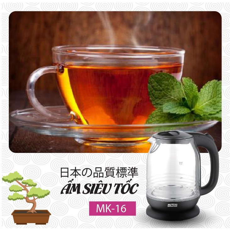 Ấm đun nước siêu tốc thủy tinh 1.7L Mutosi MK-16 màu Đen