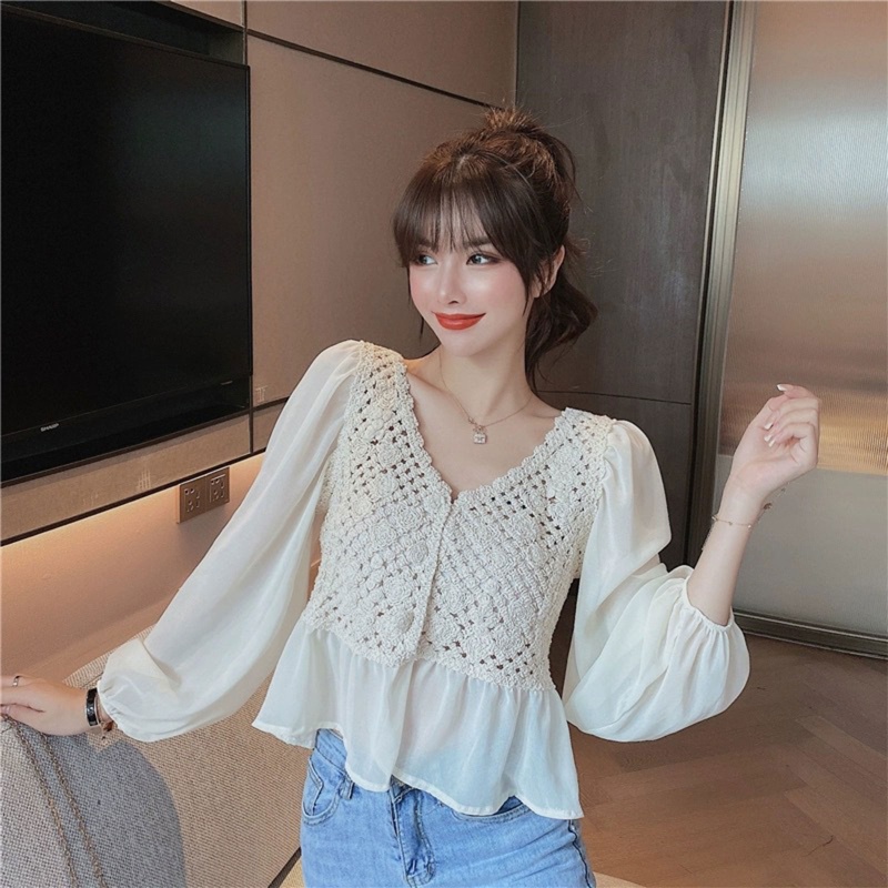 Áo Peplum Dệt Kim Tay Dài Phồng Cổ Chữ V Phối Bèo Thời Trang Cho Nữ