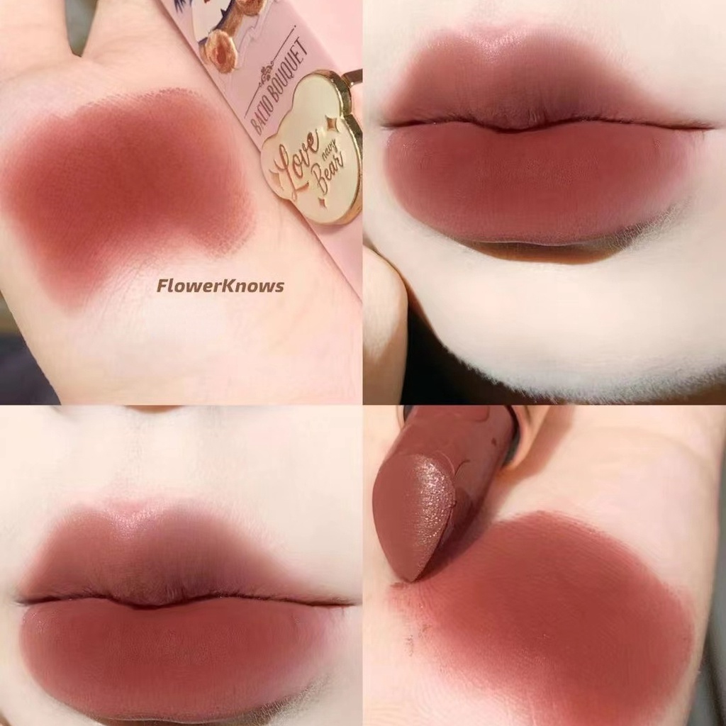 FLOWER KNOWS Son Môi Teddy Bear Mềm Mịn Như Nhung Màu Đậu Trắng Tạo Hiệu Ứng Sương Mù