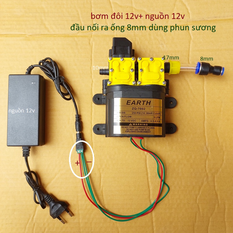 Máy bơm đôi EARTH tăng áp lực nước mini 12V 120W Lưu lượng 9L/phút dùng phun sương,máy bơm mini 12v