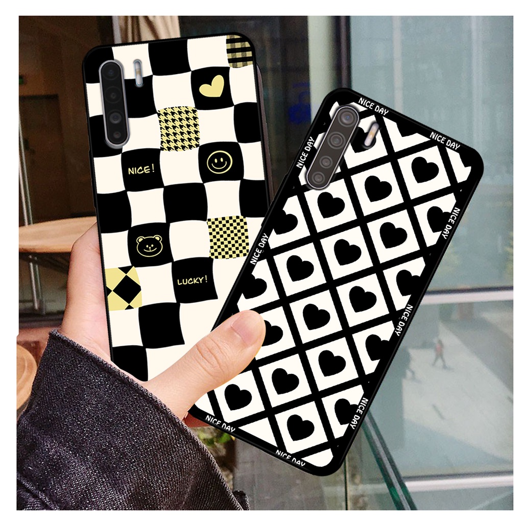 Ốp lưng Oppo A91 - Oppo Reno 3 - Reno3 Pro in hoạ tiết caro trái tim đen trắng, gấu bear cute đáng yêu