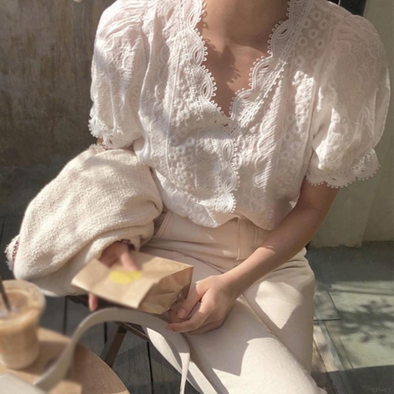 Áo Kiểu Tay Ngắn Cổ Chữ V Phong Cách Hàn Quốc Dành Cho Nữ