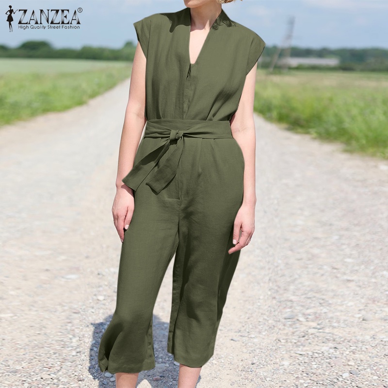 Áo liền quần Zanzea không tay cổ chữ V có nút cài thời trang dành cho nữ