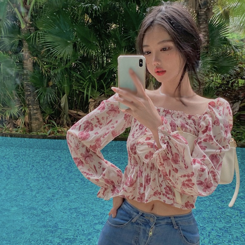 Áo Sơ Mi Chiffon Tay Dài Cổ Vuông In Hoa Ngọt Ngào Cho Nữ