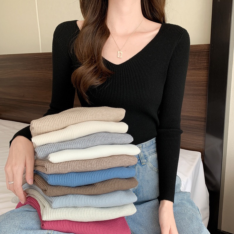 Áo len tăm cổ tim nữ tính, áo len mỏng cổ V ôm body siêu chất | BigBuy360 - bigbuy360.vn