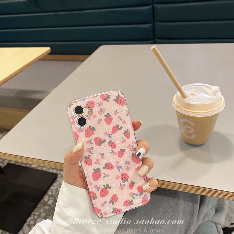 Ốp điện thoại màu hồng in hình dâu tây Nhật Bản cho iPhone 7/7p/8/8p/x/xs/xr/xsmax/11/12/pro/promax