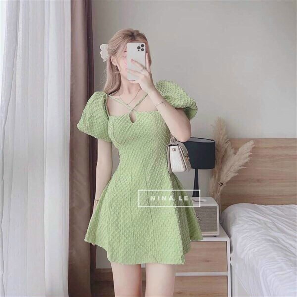 (Sale FreeShip) Đầm tiểu thư đi tiệc,đầm nữ cổ vuông tay phồng cột yếm cổ,thiết kế xòe mặc siêu tôn dáng,hangf chuẩn sho