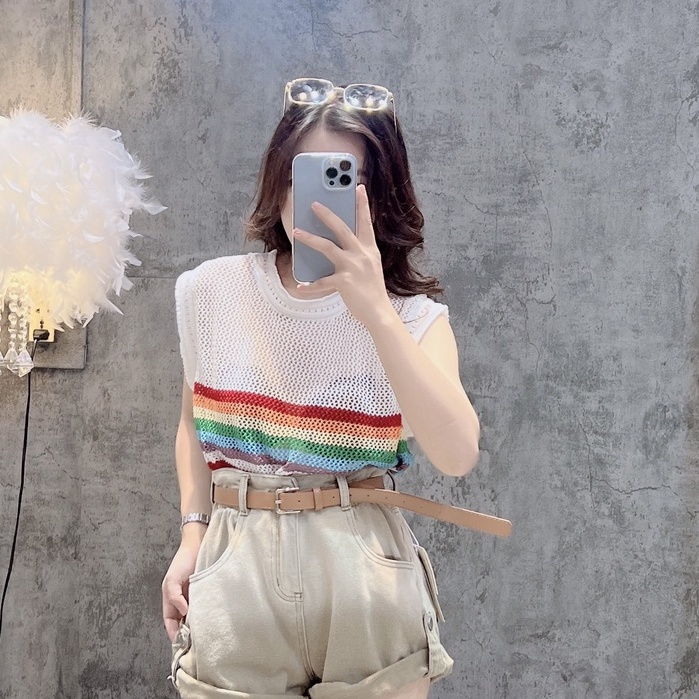 Áo len lưới ba lỗ kể cầu vồng dáng rộng thoáng mát