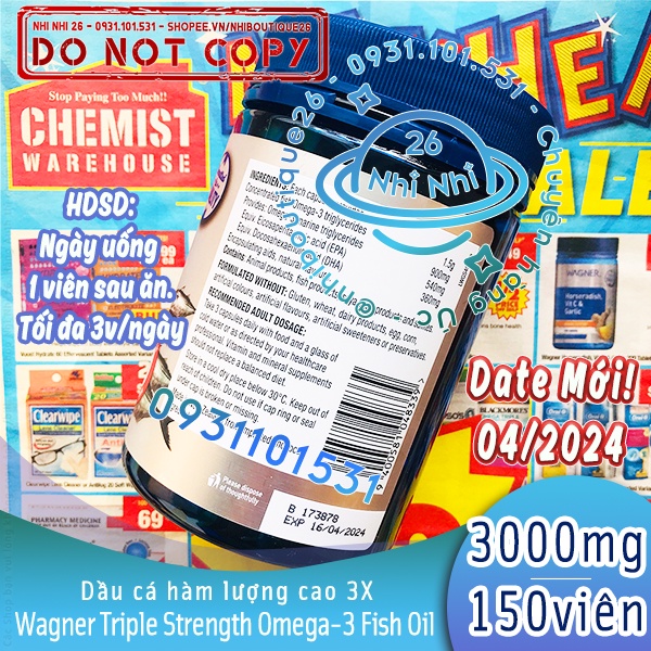 🐟CÓ BILL ÚC🐟 Dầu cá Wagner 3000mg 🐟 150 viên 🐟 Wagner Triple Strength Omega-3 Fish Oil 🐟 Chuẩn Chemist Warehouse