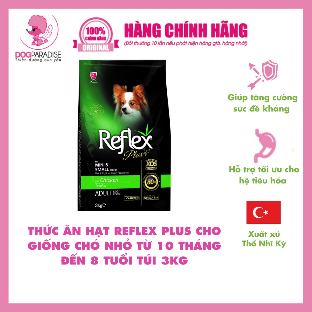 Thức ăn hạt Reflex Plus cho giống chó nhỏ &amp; trưởng thành từ 8 đến 10 tháng tuổi túi 3kg - Dog Paradise