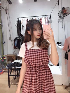 SET YẾM VÁY KẺ CARO + ÁO COTON