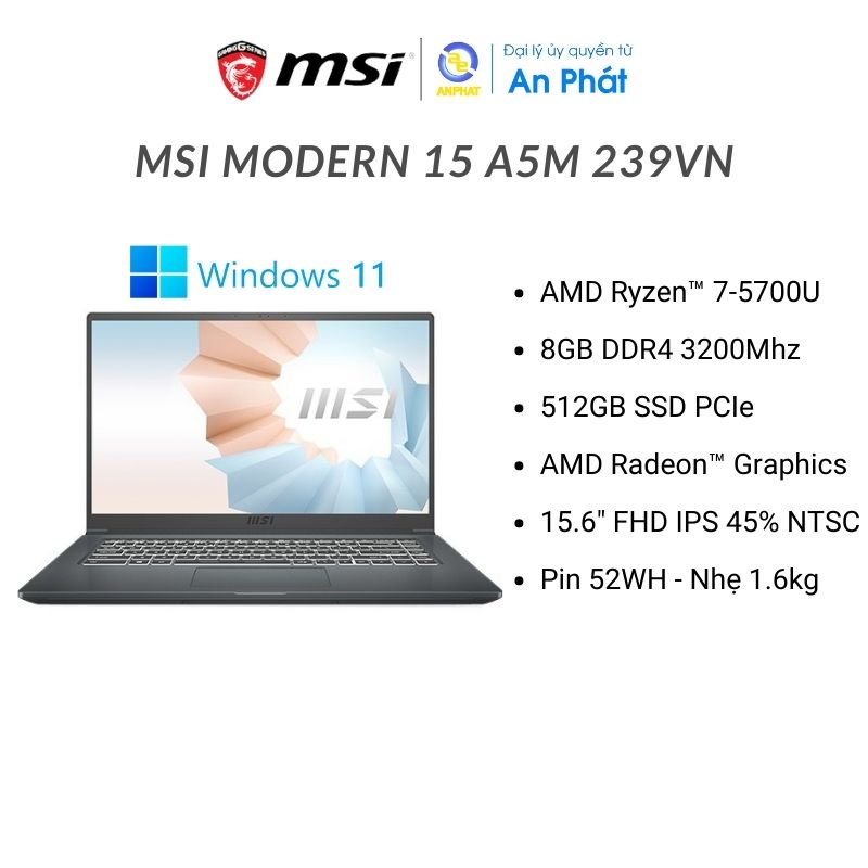 Laptop MSI Modern 15 A5M 239VN (Ryzen™ 7-5700U + 15.6&quot; FHD)