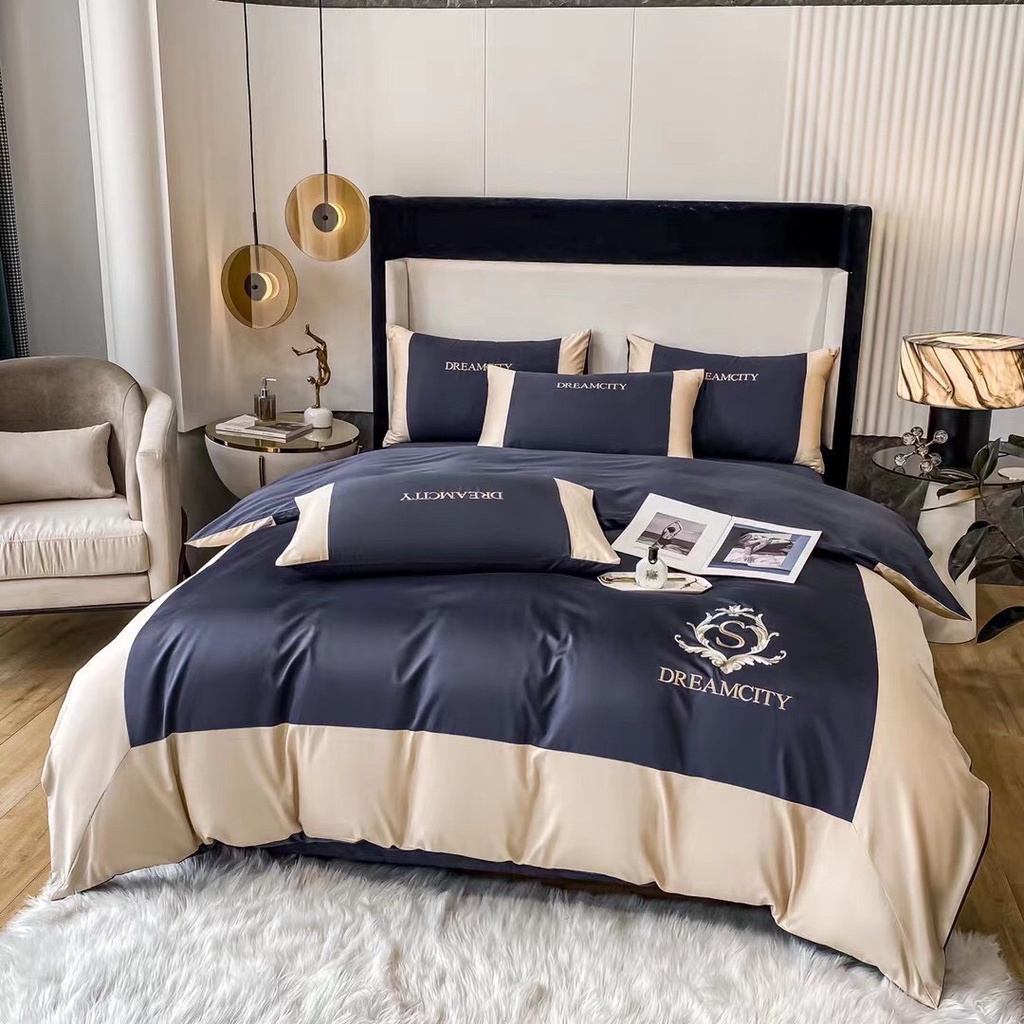 Bộ chăn ga gối lụa cotton Dream City phối màu sang trọng, chăn ga gối 4 món nhập khẩu cao cấp mềm mịn thoáng mát