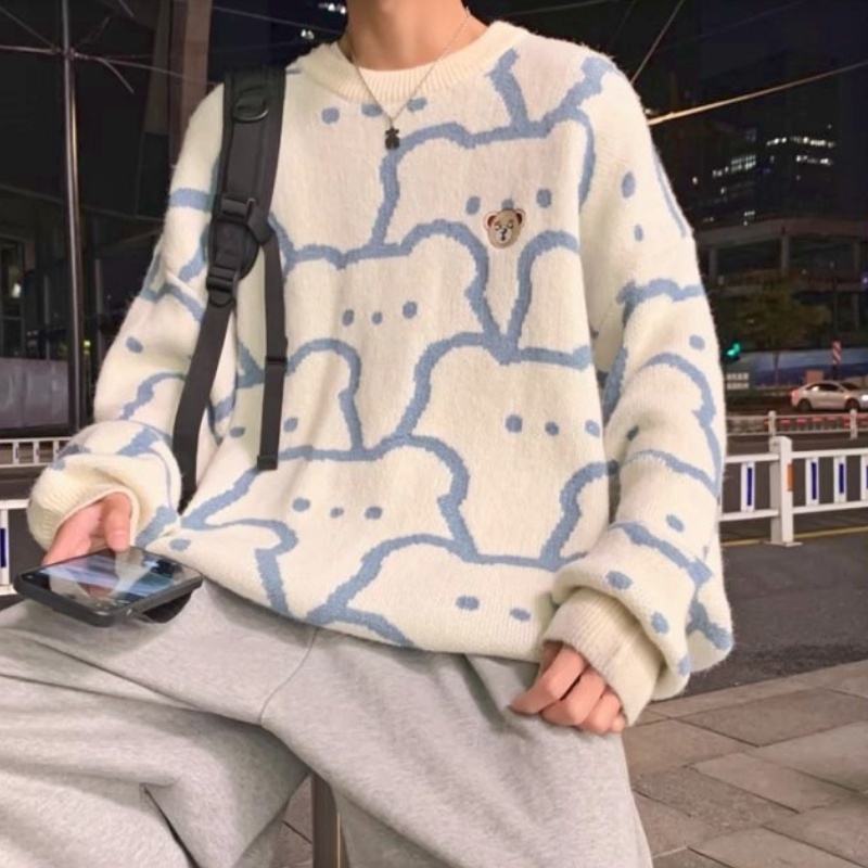 Áo sweater cổ tròn tay dài mềm mại thoải mái in hình gấu hoạt hình phong cách Hàn Quốc cho nam