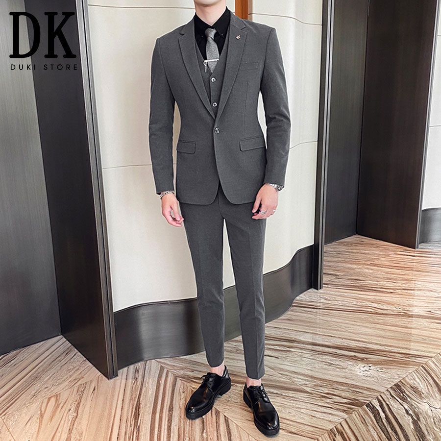 Bộ vest nam Hàn Quốc 1 nút màu ghi đậm lịch lãm DKA0096 - DUKI STORE