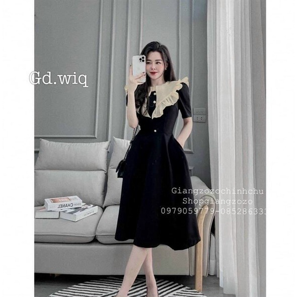 Đầm công chúa midi dáng dài đi chơi phong cách quý phái với thiết kế tay ngắn cổ tròn phối vành cánh tiên, chất vải kate