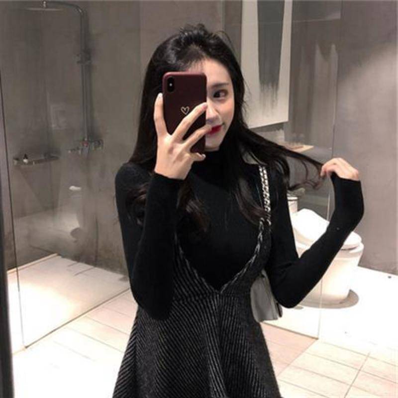 Set Áo Thun Dài Tay + Đầm Dệt Kim Màu Đen Thời Trang Thu Đông Dành Cho Nữ