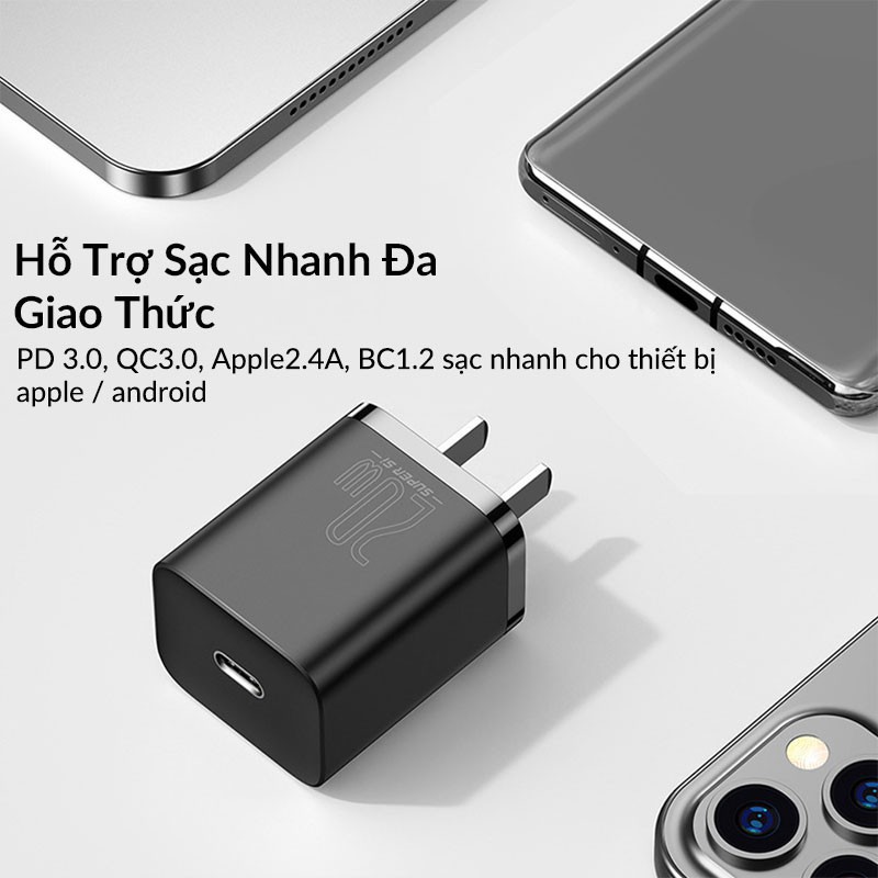 [BH 6 THÁNG] BỘ CỦ SẠC NHANH 20W PD TỰ NGẮT CHÍNH HÃNG BASEUS SUPER SI CHO IPHONE 12 PRO MAX 11 PRO MAX