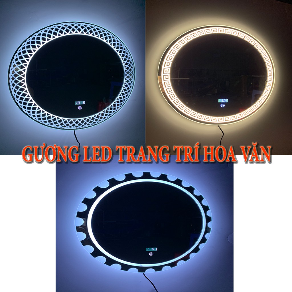 Gương LED hoa văn trang trí, công tắc cảm ứng, hiển thị giờ, nhiệt độ phòng